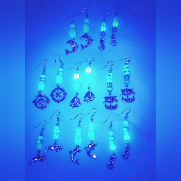 Uranium Glass Beaded Earrings Silver Charms Vintage Beads Blue Yellow Green Purp - Picture 2 of 12